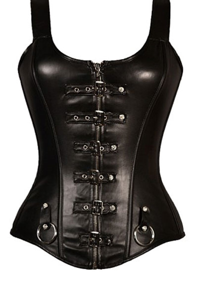 Punk Buckled Detail Straps Full Zipper Black Leather Corset-YOKO5310-black