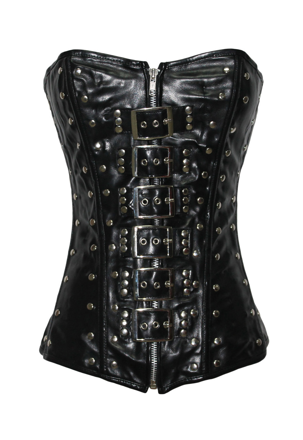 Gleaming Rivets Genuine Leather Corset with Front Buckles-YOKO5324-Black