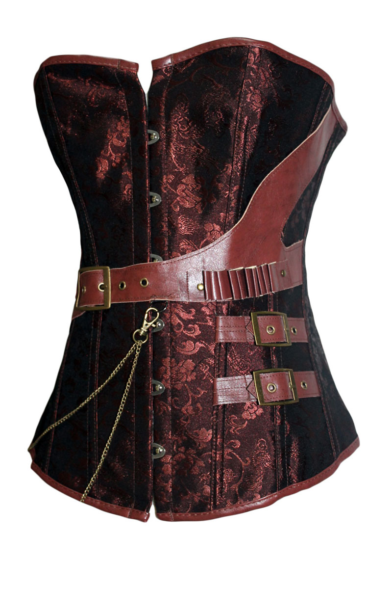 Brown Brocade Steampunk Boned Corset with Leather Strap-YOKO5329-2-Brown